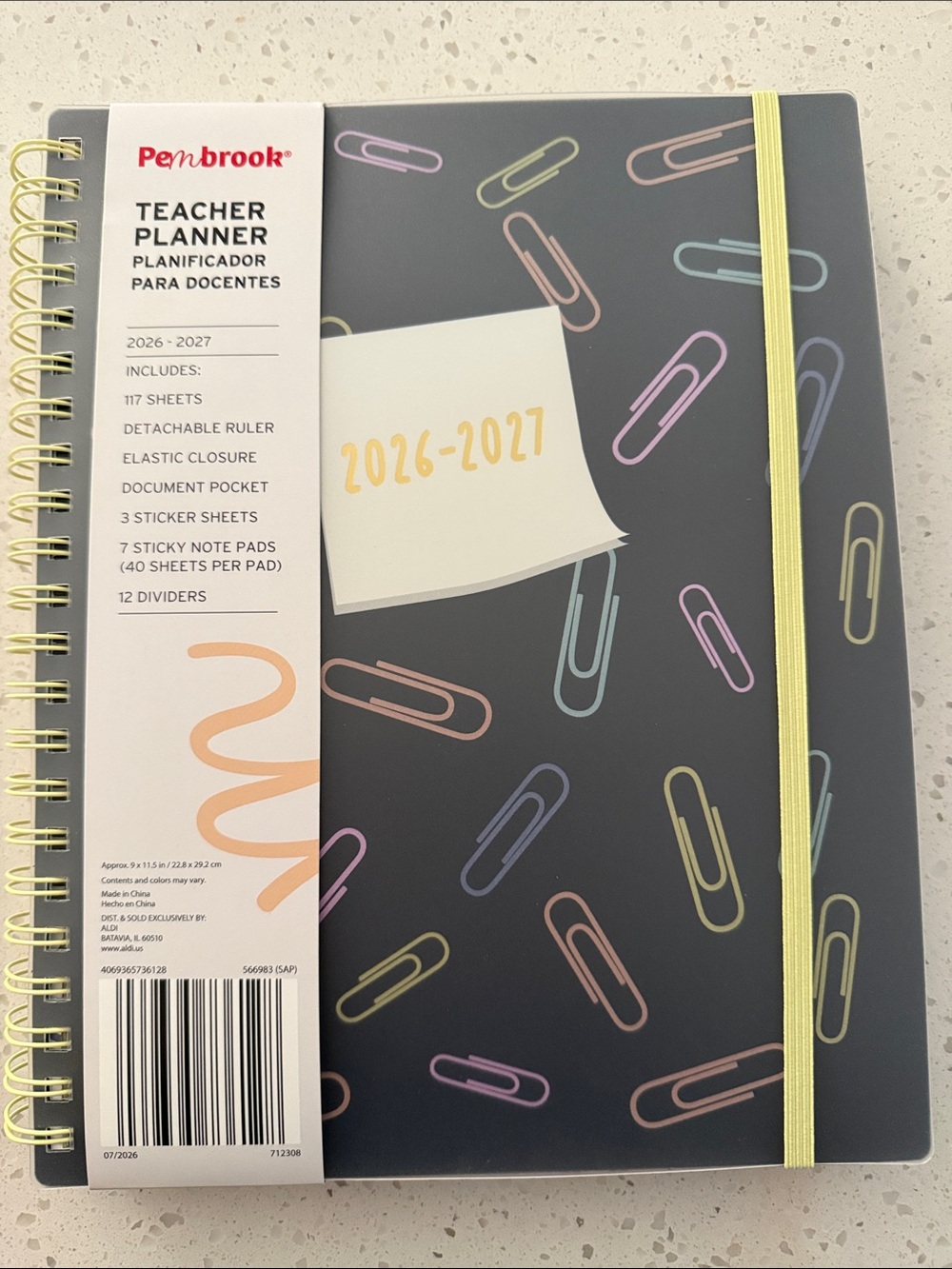 Pembrook 2026-2027 Teacher Planner – Black with Pastel Paperclip Design